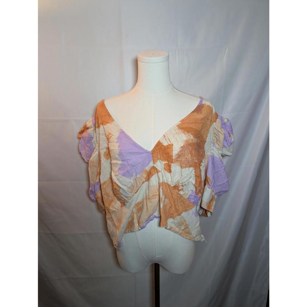 Eloquii Abstract Pattern Linen V-Neck Butterfly Sleeve Crop Top Women's Size 24